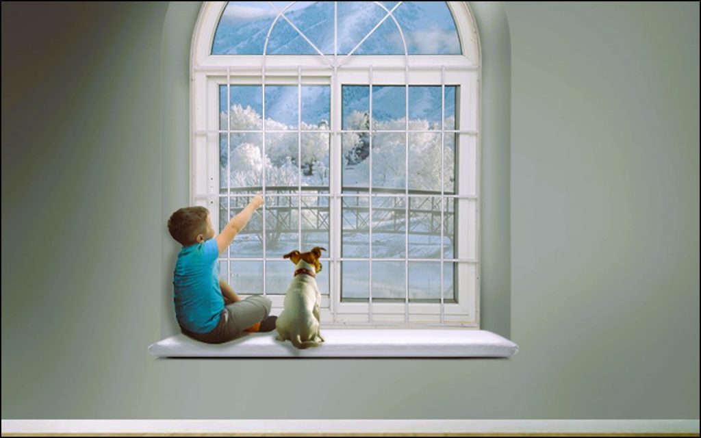 Child and dog on the windowsill